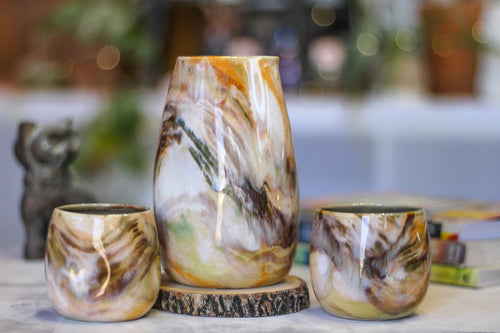 02-A+ Soft Earth Series PROTOTYPE Divot Bedside Pitcher & Cup Set - TOP SHELF, 23 oz. and 5-6 oz. cups